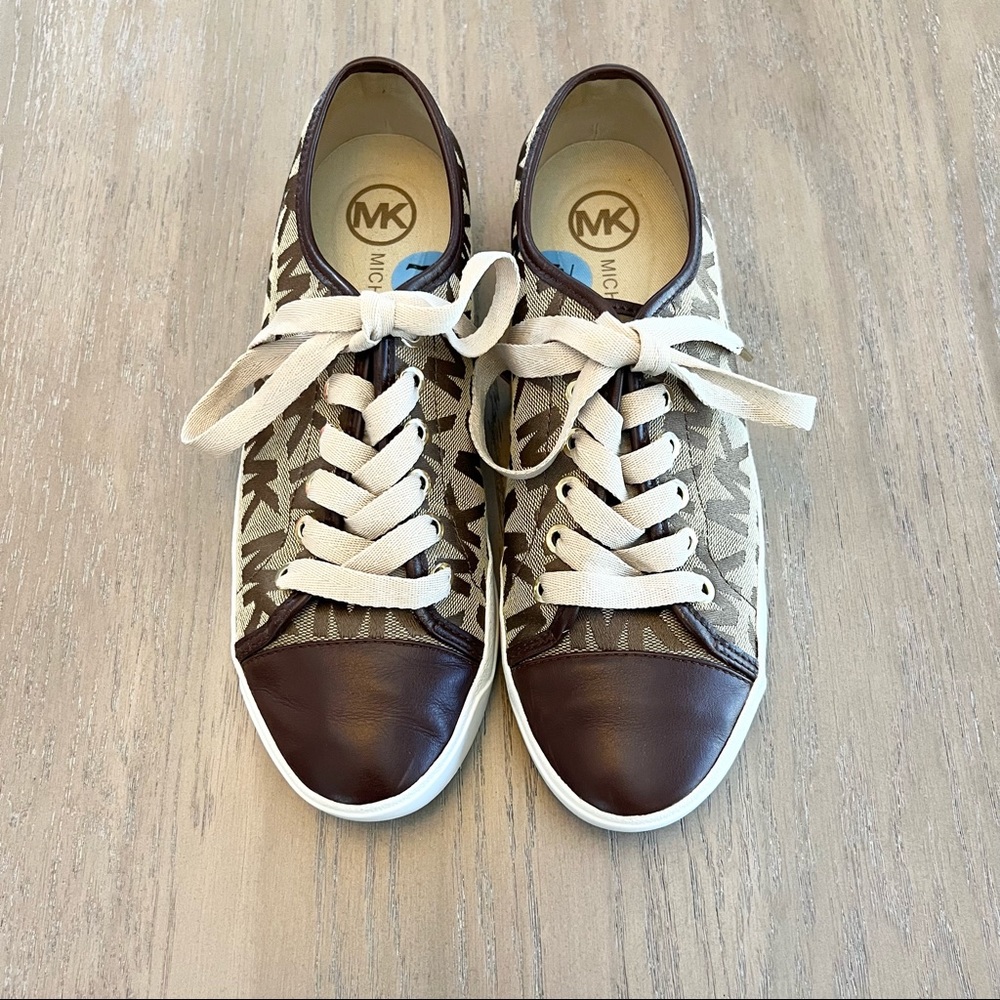 Like New Michael Kors Leather & Canvas Sneakers MK Logo Brown & Tan Size 7.5 - Picture 8 of 12